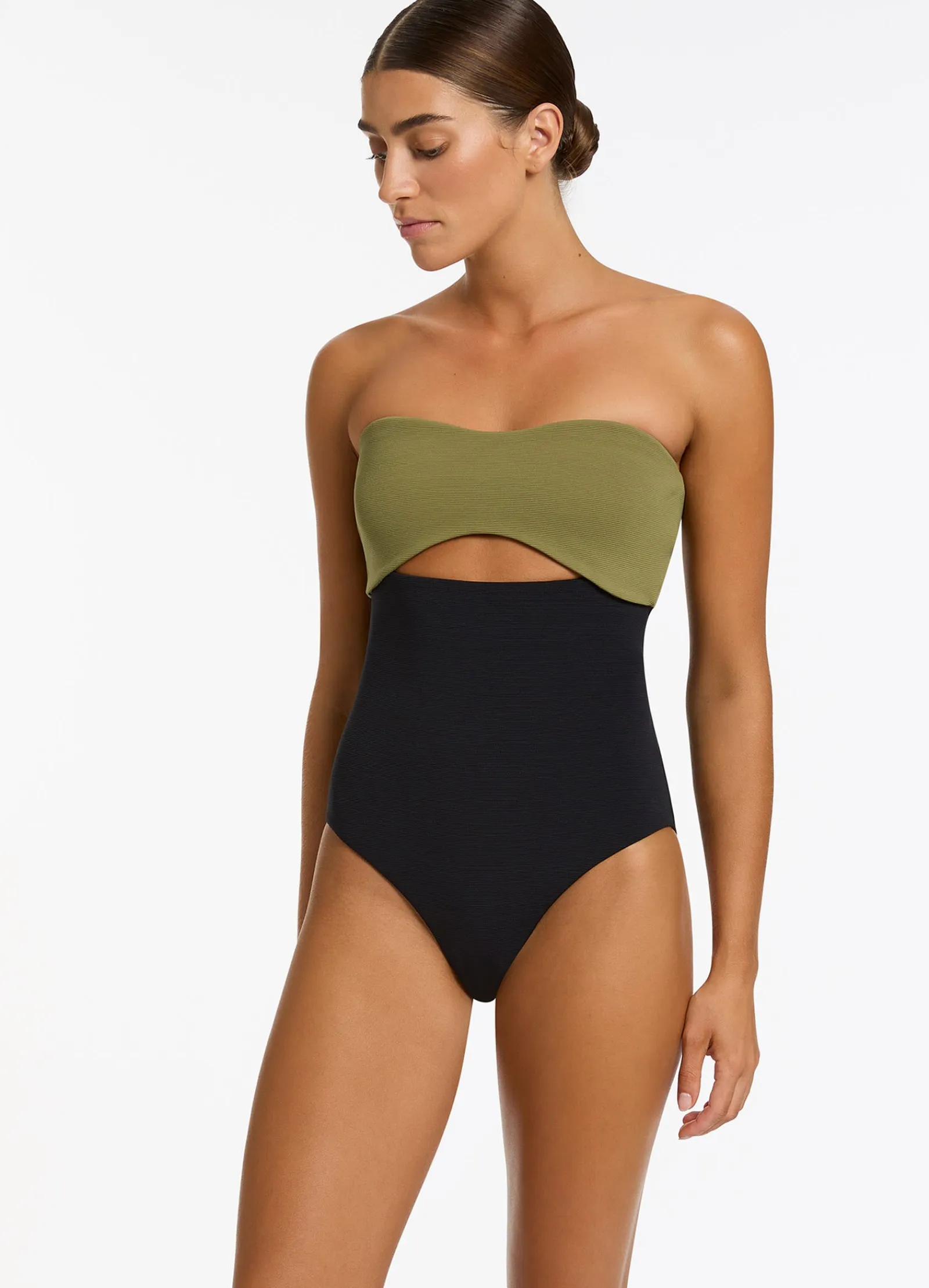 Seafolly Versa Rib Cut Out Bandeau One Piece - Black/Moss