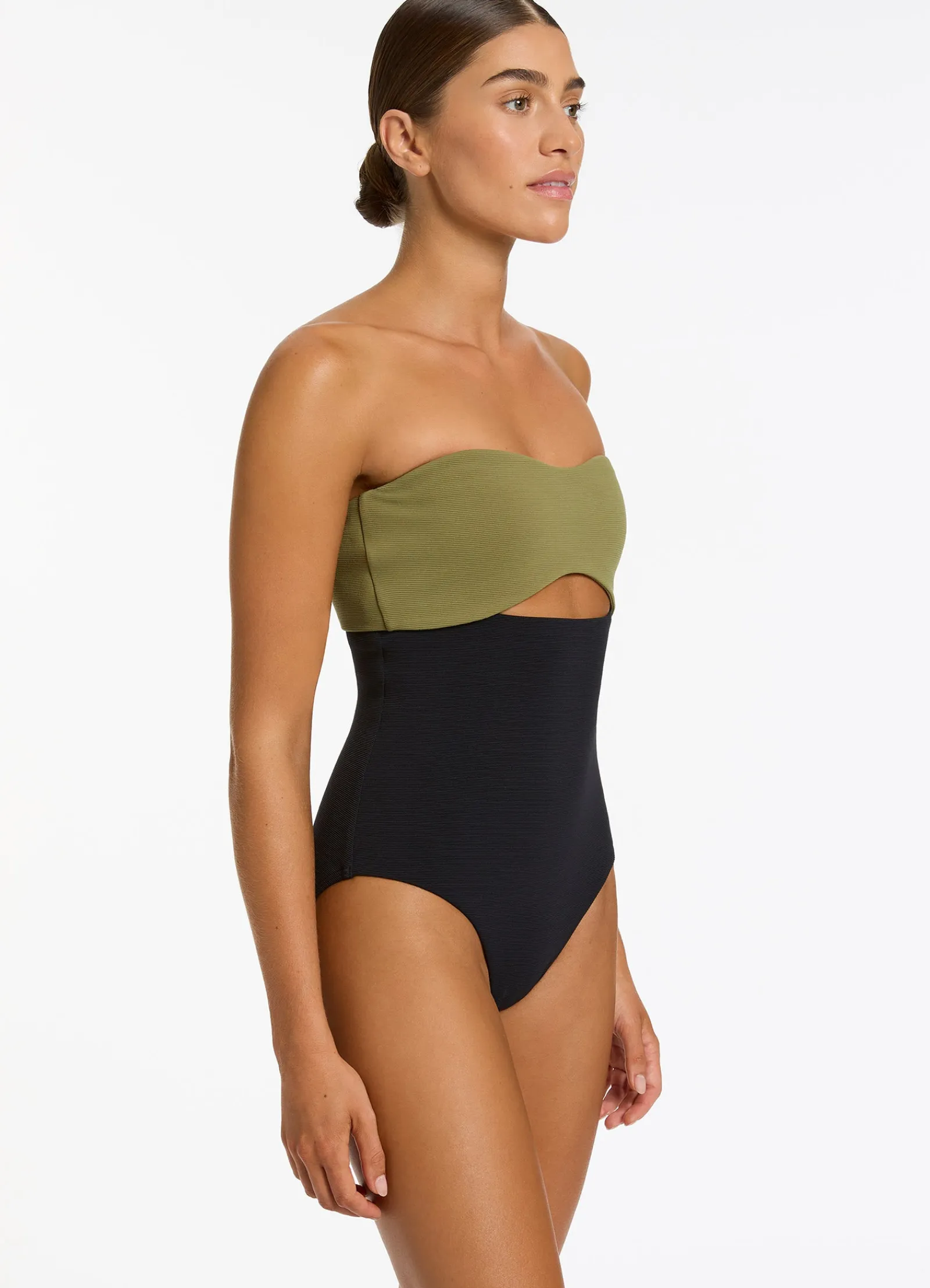 Seafolly Versa Rib Cut Out Bandeau One Piece - Black/Moss