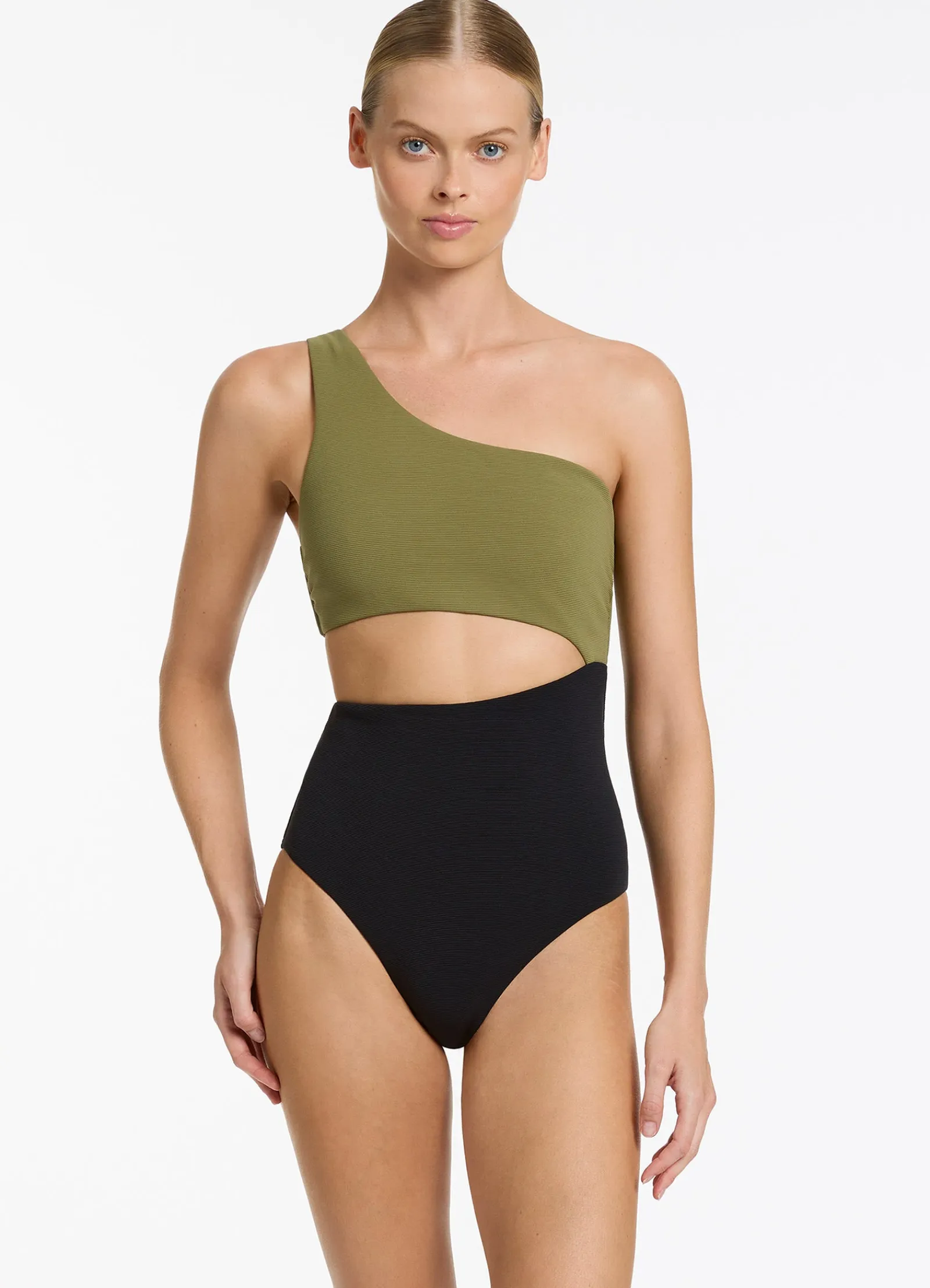 Seafolly Versa Rib One Shoulder One Piece - Black/Moss